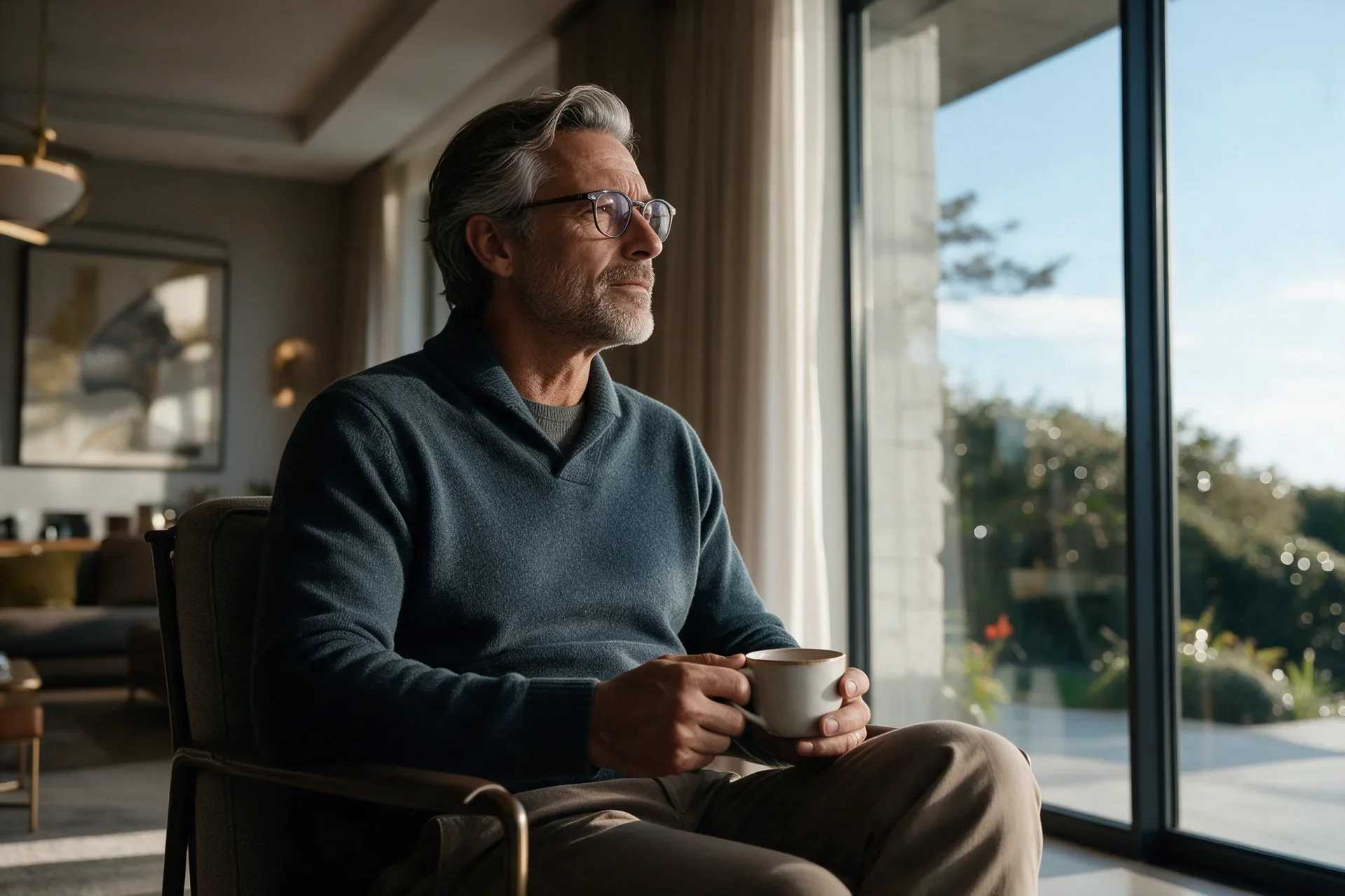 A man sitting quietly by a window with a cup of coffee.